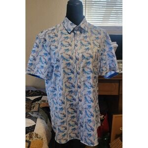 Soul Of London Blue Feather Design Button Down Mens Short Sleeve Shirt Large
